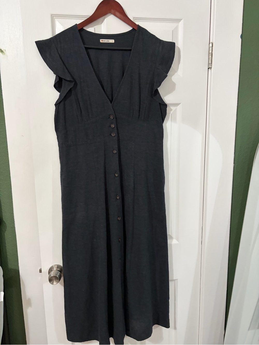 Marine Layer Black Button-Front V-Neck Midi Dress with Flutter Sleeves